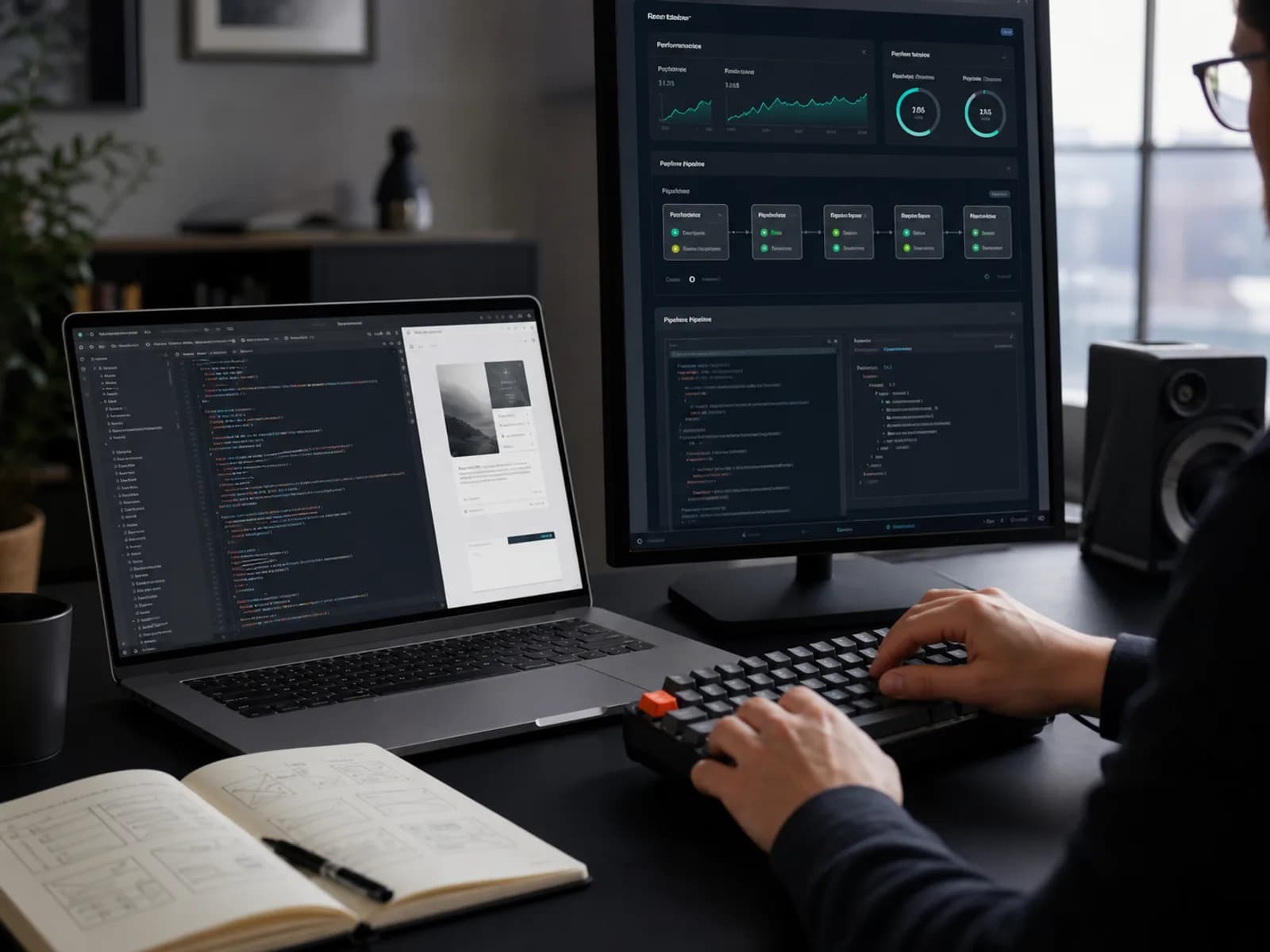 Next.js Entwicklung mit Code, Performance-Dashboard und Projektvorschau