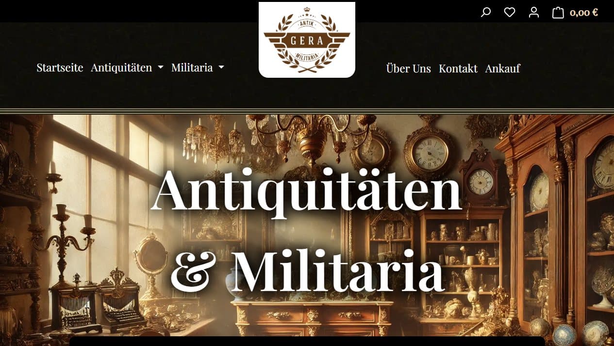 Hero-Bereich des Onlineshops Antik und Militaria Gera im Schwarz-Gold-Design