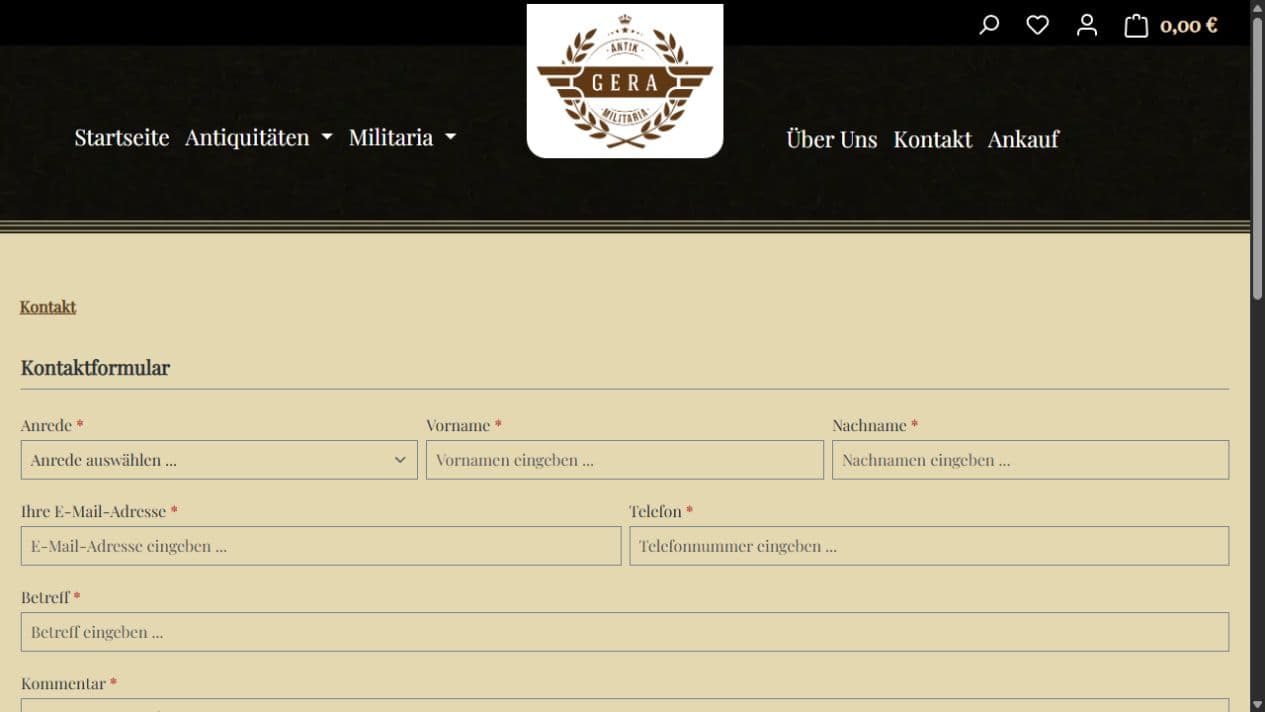 Barrierearm beschriftetes Kontaktformular des Onlineshops Antik und Militaria Gera