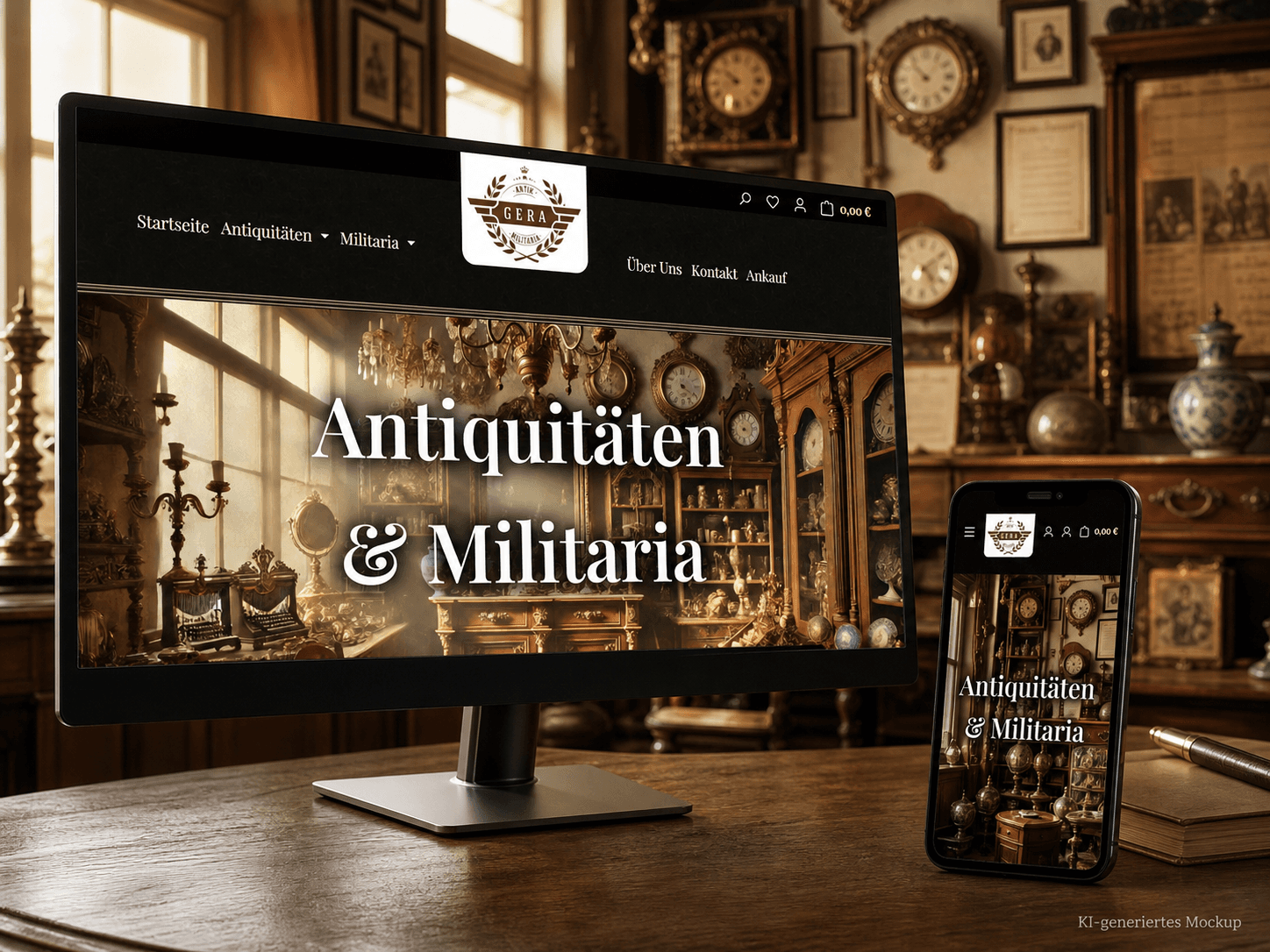 KI-generiertes Website-Mockup für Antik und Militaria Gera mit Monitor, Smartphone und Antiquitäten