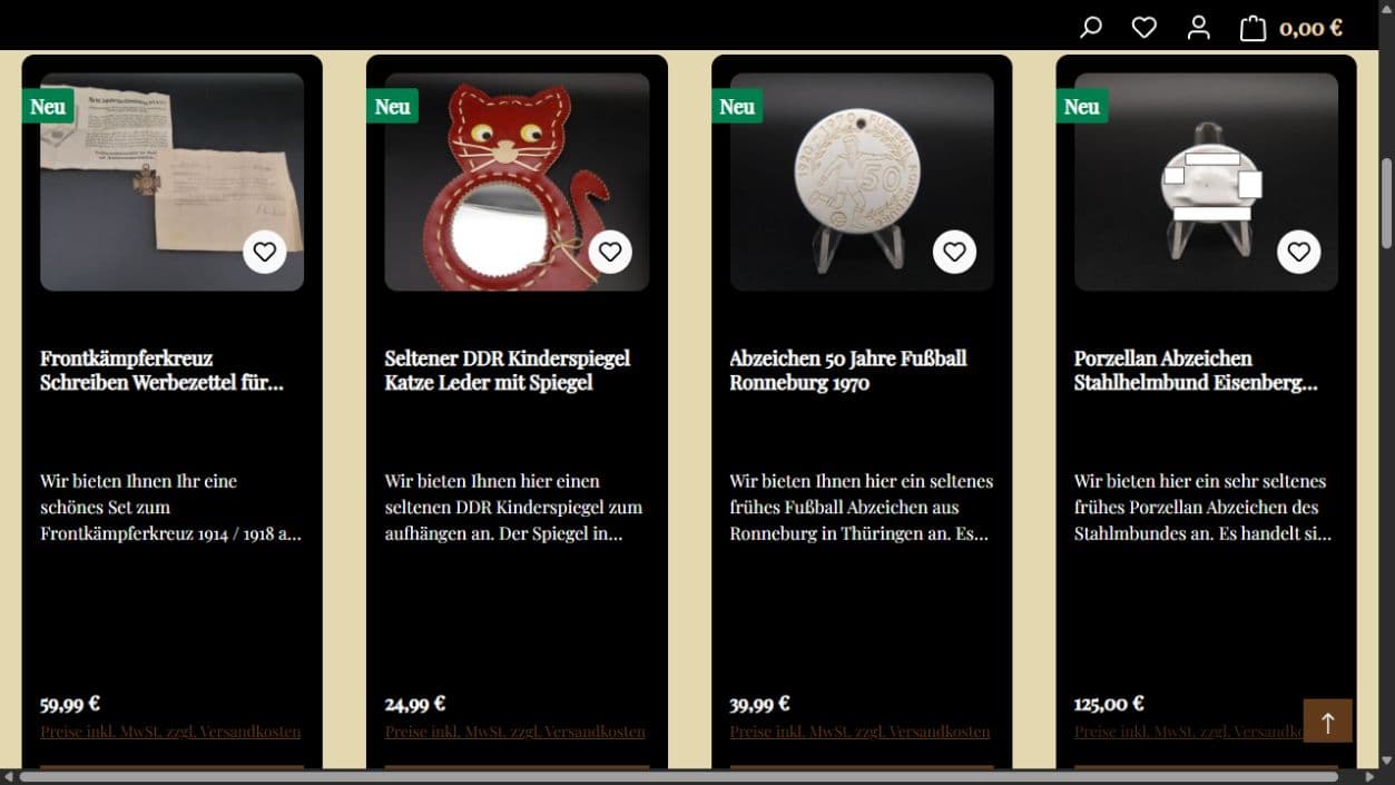 Produktübersicht mit neu eingetroffenen Antiquitäten und historischen Sammlerstücken