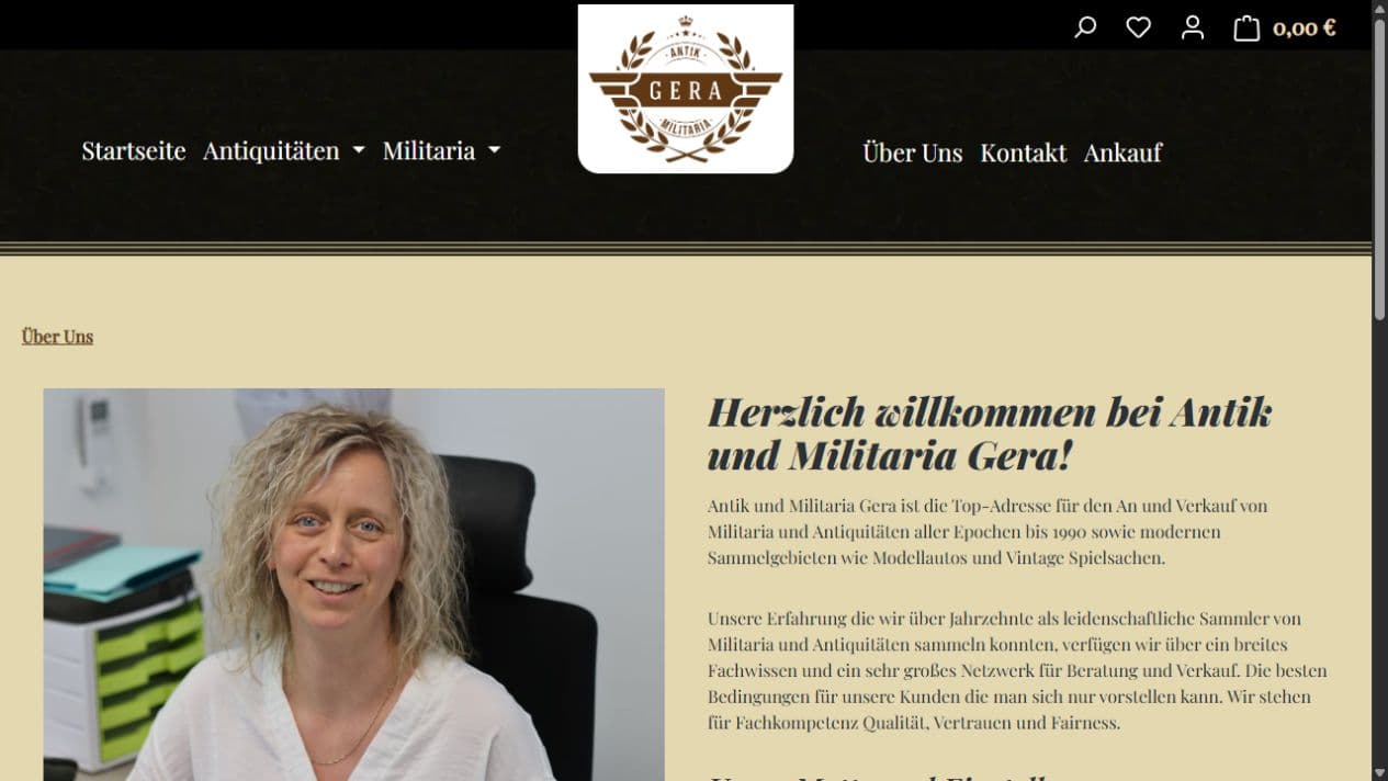 Über-uns-Seite von Antik und Militaria Gera mit persönlicher Ansprechpartnerin