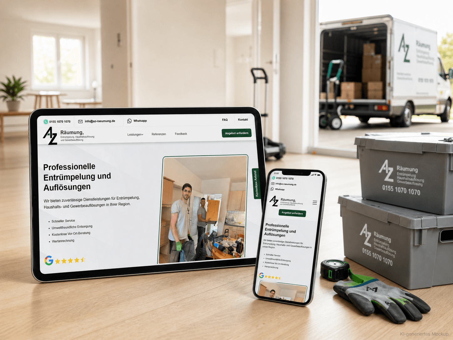 KI-generiertes Mockup der AZ-Räumung-Website auf Tablet und Smartphone in einer frisch geräumten Wohnung