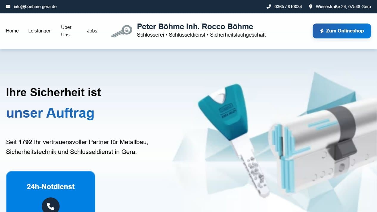 Startseite von Böhme Gera für Schlüsseldienst, Sicherheitstechnik und Metallbau seit 1948