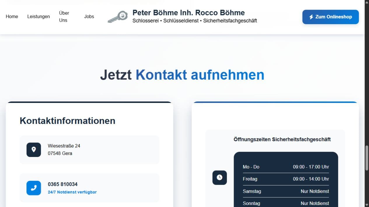 Kontaktbereich von Böhme Gera mit Adresse, Telefon, E-Mail und Öffnungszeiten