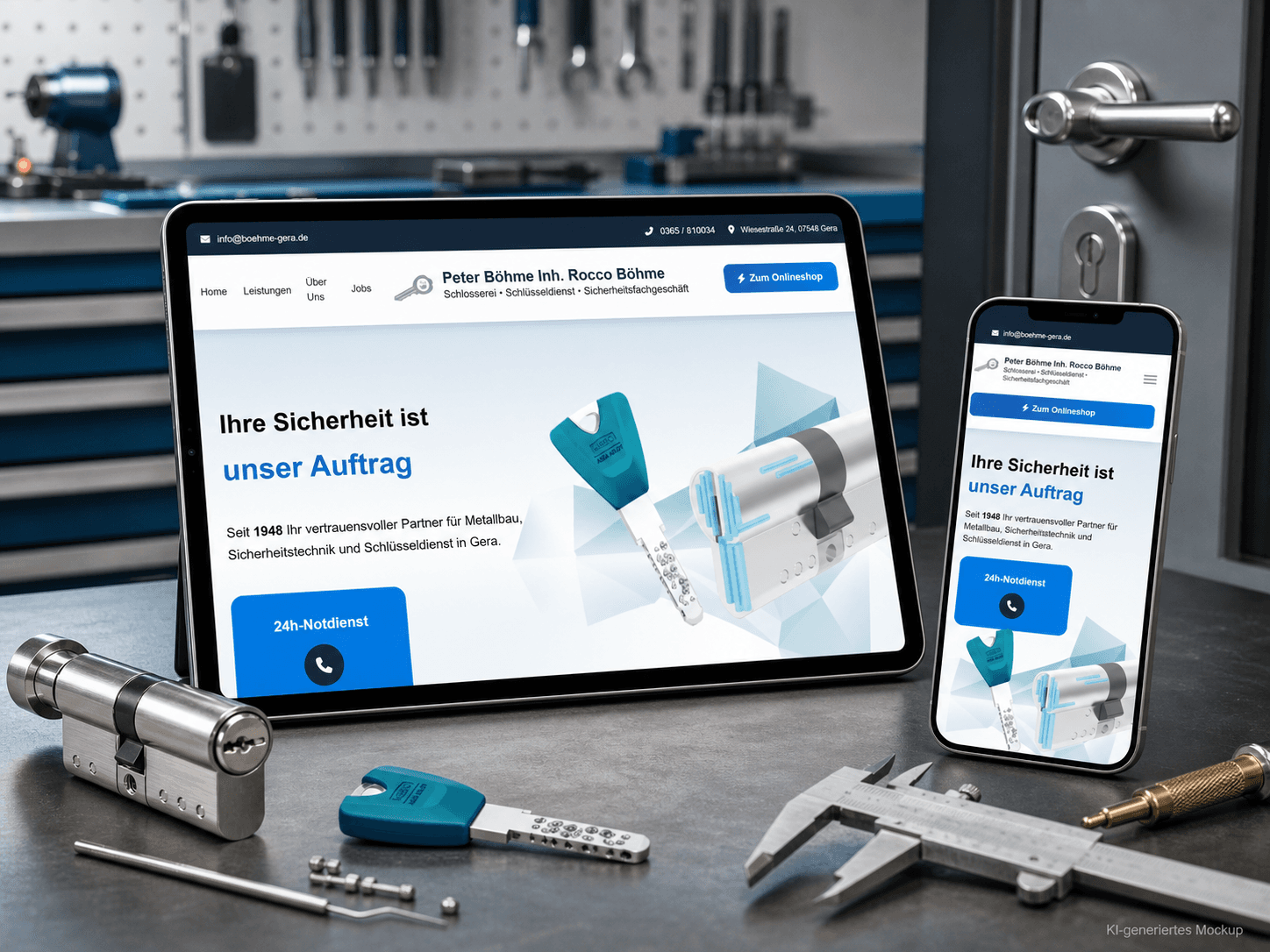 KI-generiertes Mockup der Böhme-Gera-Website auf Tablet und Smartphone in einer Sicherheitstechnik-Werkstatt