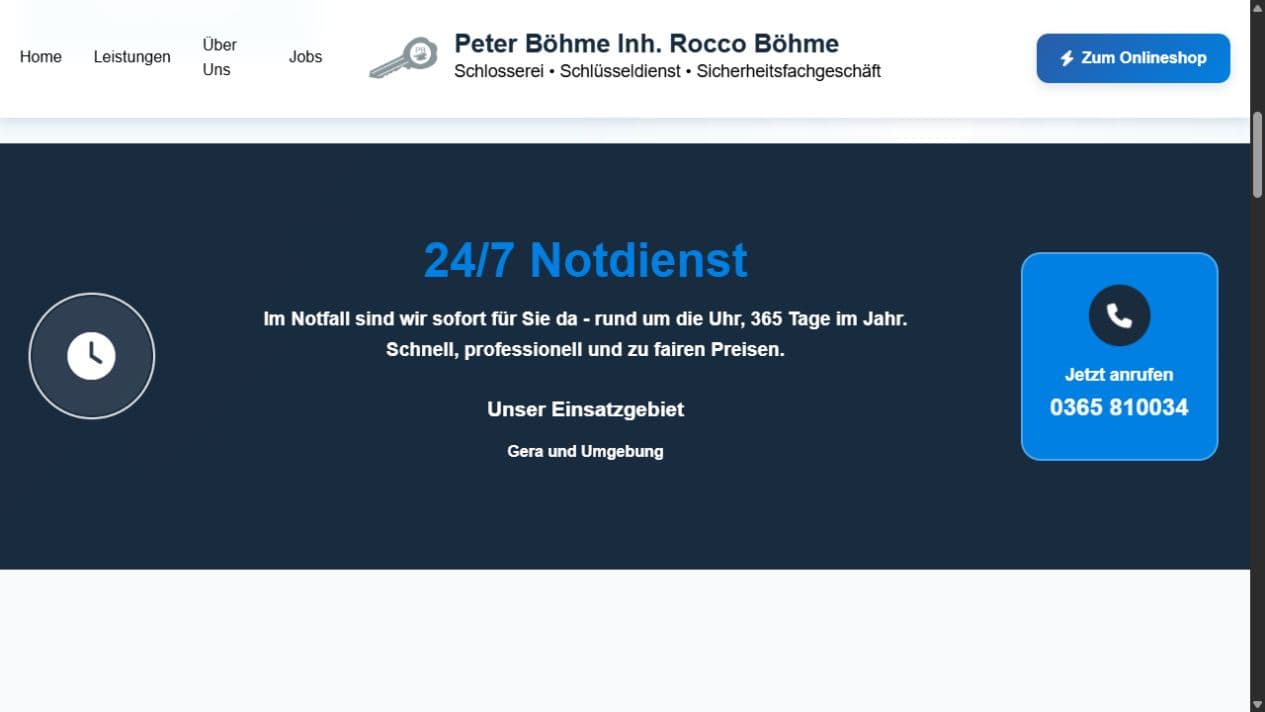 Website-Bereich zum 24-Stunden-Schlüsseldienst von Böhme für Gera und Umgebung