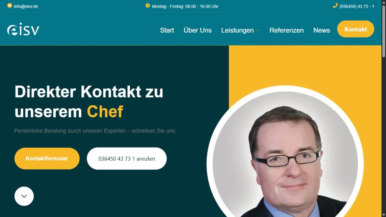 Kontaktbereich von EISV für Projektanfragen mit Telefon, E-Mail und Formular