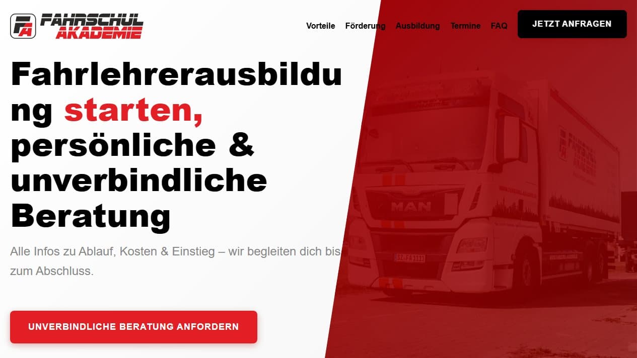 Hero-Bereich der FA-Ausbildung-Website mit Schulungs-Lkw und unverbindlicher Beratung