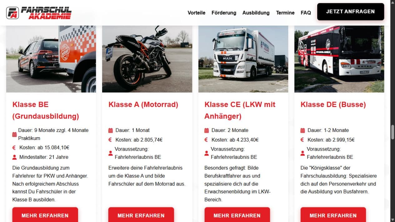 Übersicht der Fahrlehrerausbildungen für die Klassen BE, A, CE und DE
