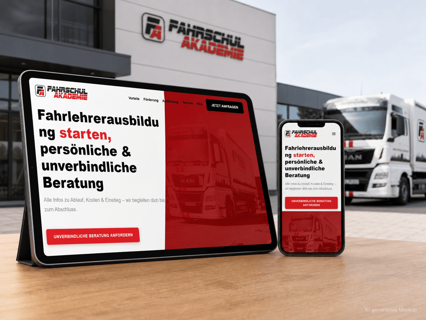KI-generiertes Website-Mockup für die Fahrlehrer Akademie mit Tablet, Smartphone und Schulungs-Lkw