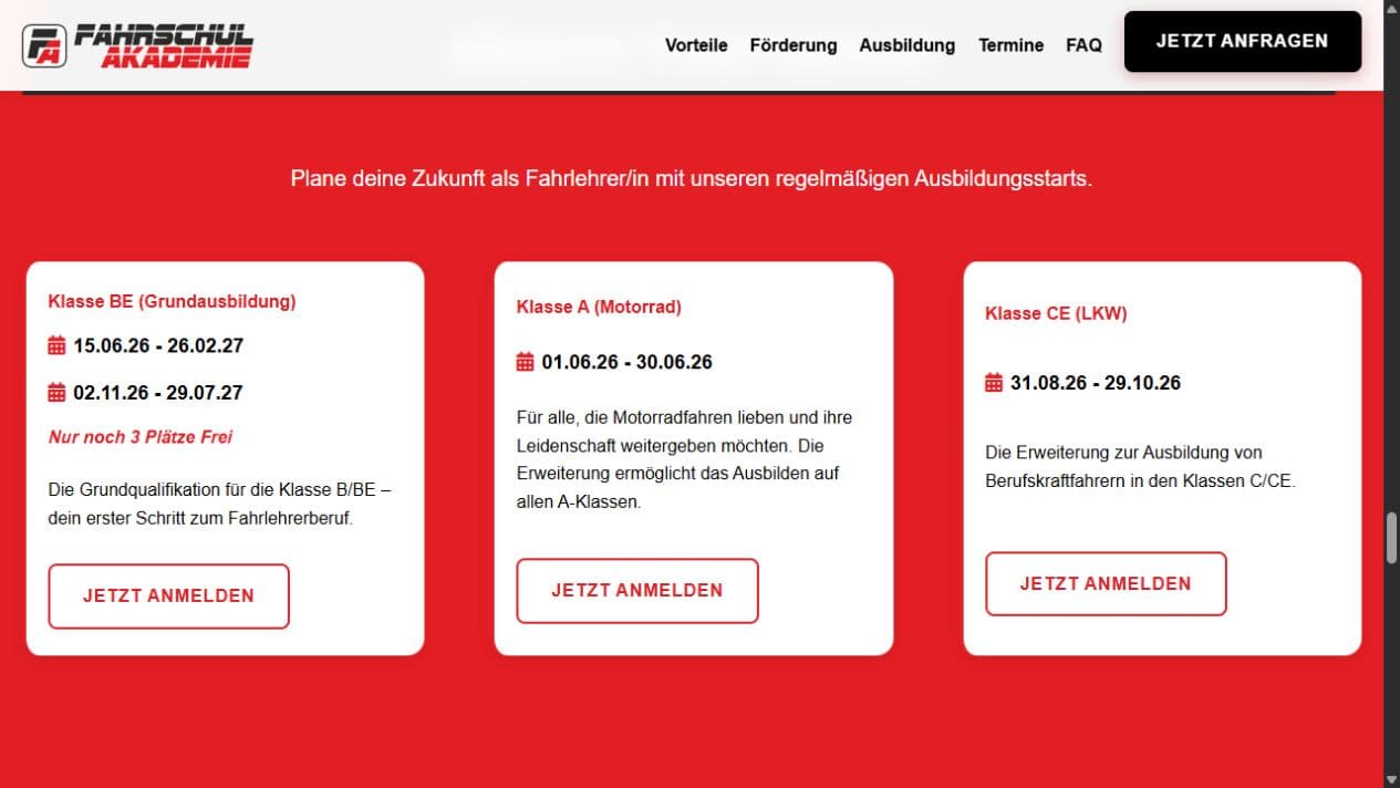 Aktuelle Starttermine für Fahrlehrerausbildungen mit direkten Anmeldebuttons