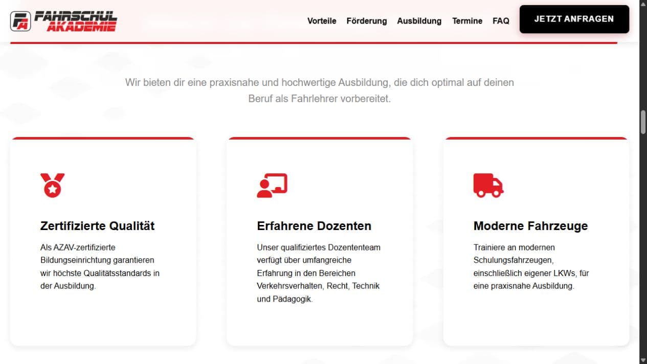 Vorteilsübersicht der Fahrlehrer Akademie mit Qualität, erfahrenen Dozenten und modernen Fahrzeugen