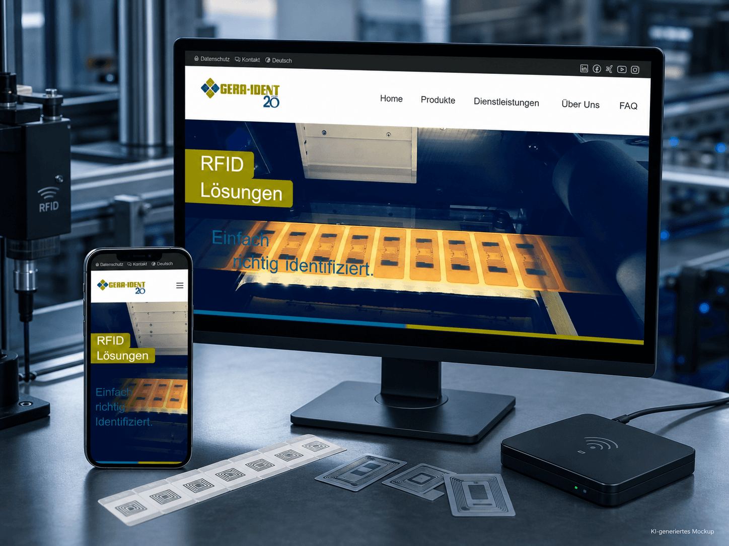 KI-generiertes Mockup der GERA-IDENT-Website auf Monitor und Smartphone in einer RFID-Produktionsumgebung