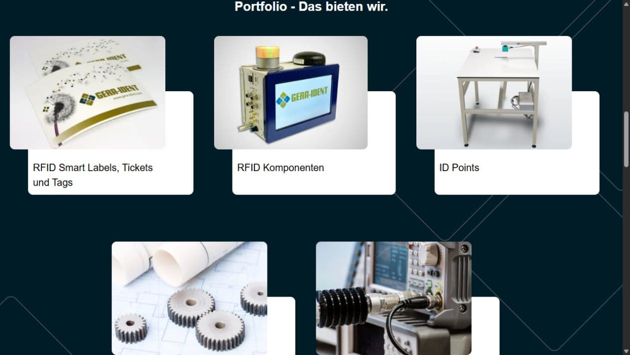Portfolio von GERA-IDENT mit RFID-Tags, Komponenten, Entwicklung, Integration und Beratung