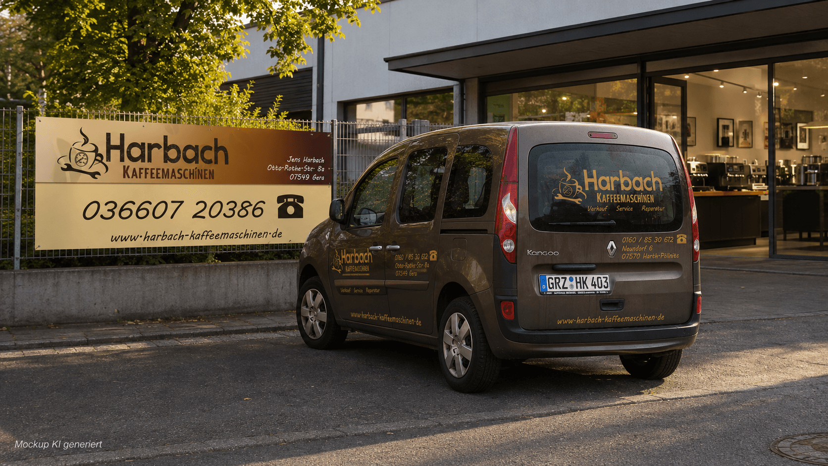 KI-generiertes Mockup des beschrifteten Harbach-Servicefahrzeugs neben einer Werbeplane vor einem Kaffeemaschinen-Fachbetrieb