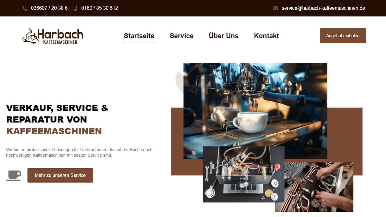Startseite von Harbach Kaffeemaschinen mit Angebot für Verkauf, Service und Reparatur