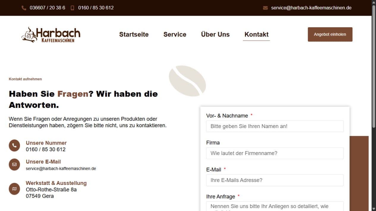Kontaktbereich von Harbach Kaffeemaschinen mit Telefon, E-Mail und Anfrageformular
