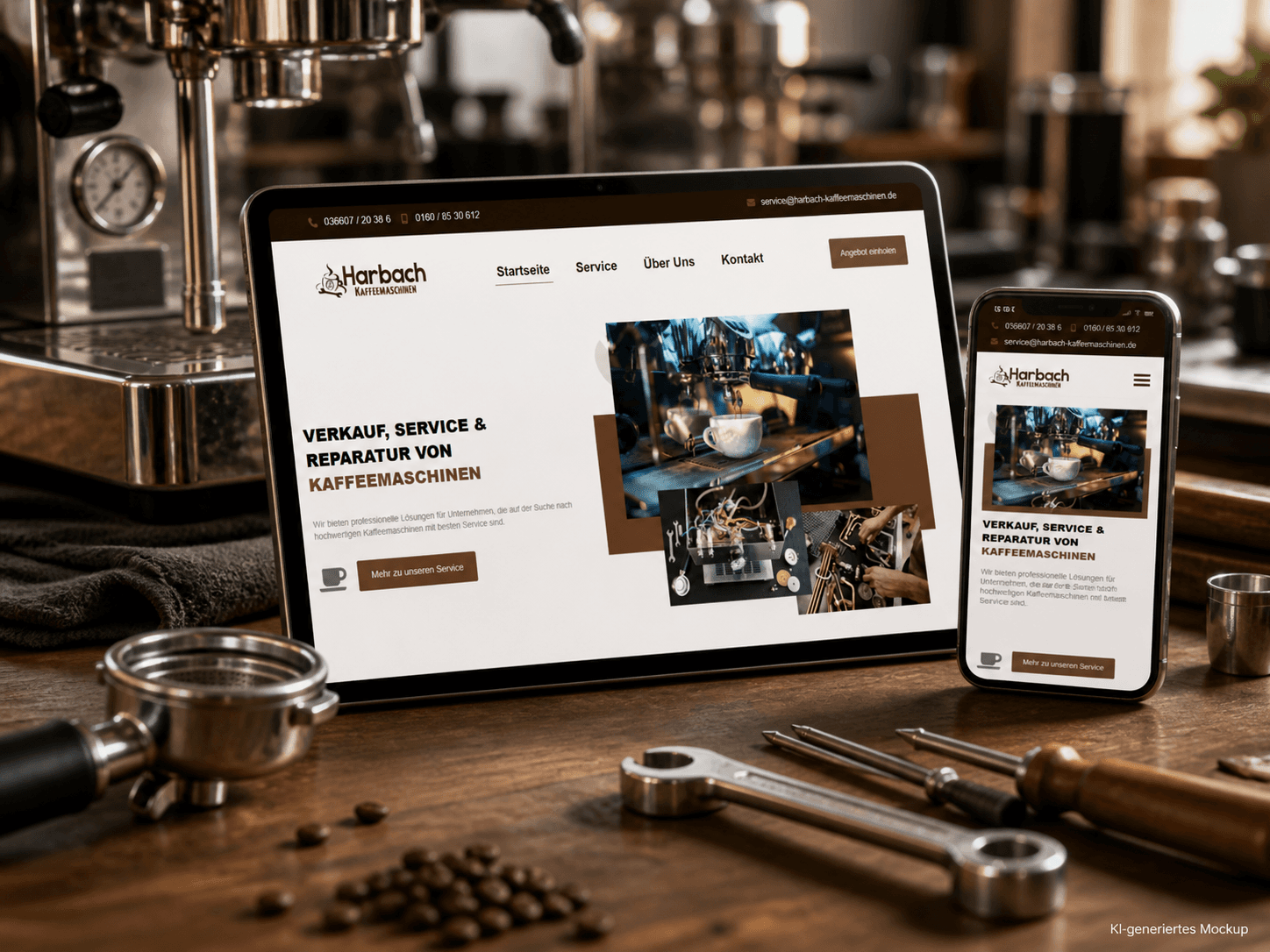 KI-generiertes Mockup der Harbach-Website auf Tablet und Smartphone in einer Kaffeemaschinen-Werkstatt