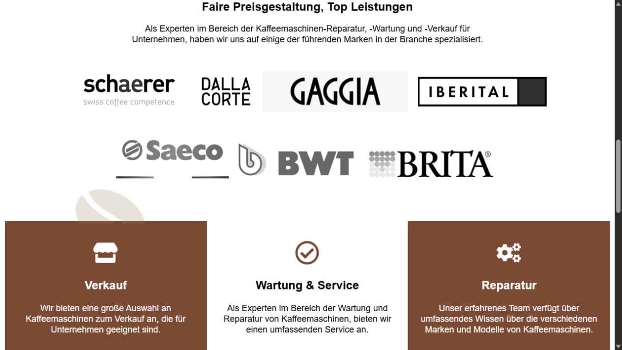Leistungsübersicht für Verkauf, Wartung, Service und Reparatur von Kaffeemaschinen