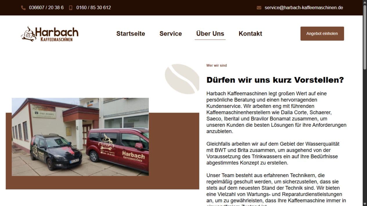 Über-uns-Bereich von Harbach Kaffeemaschinen mit Werkstatt- und Serviceeinblicken