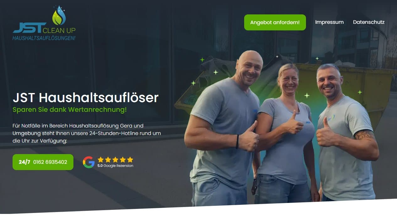 Startseite von JST Haushaltsauflösung Gera mit Teamfoto, Wertanrechnung, Google-Bewertung und 24-Stunden-Hotline