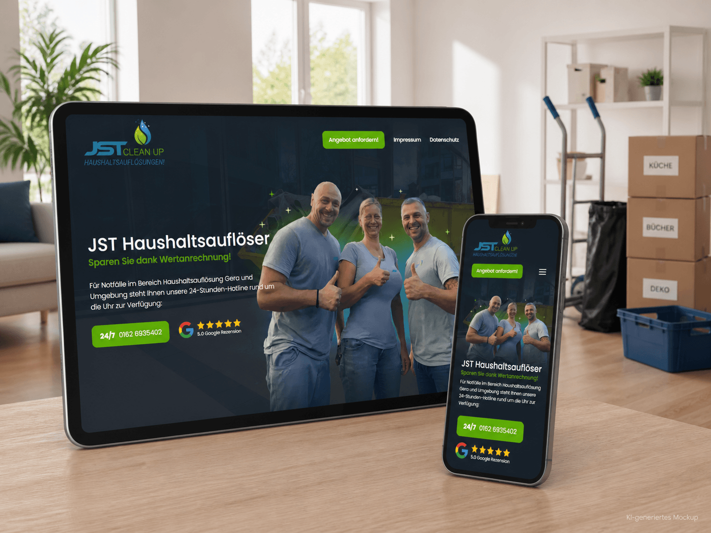KI-generiertes Mockup der JST-Haushaltsauflösungs-Website auf Tablet und Smartphone in einer frisch geräumten Wohnung