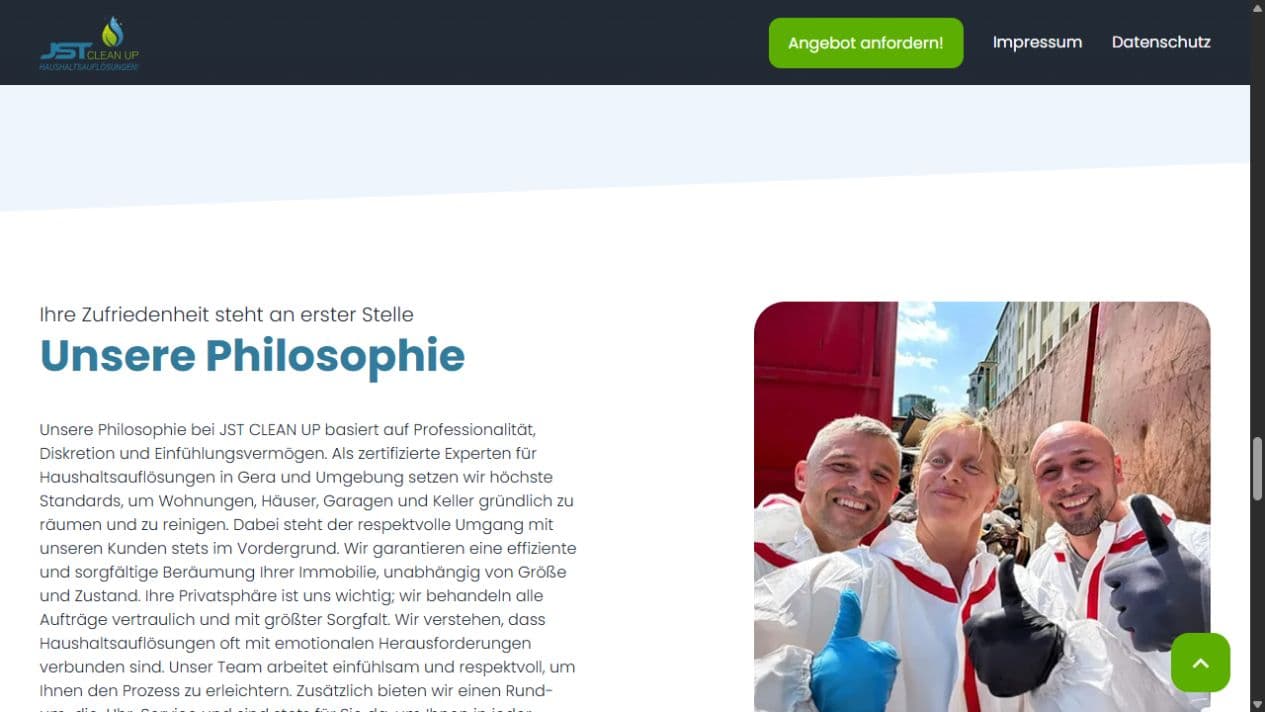 Philosophie von JST CLEAN UP mit Professionalität, Diskretion und Einfühlungsvermögen
