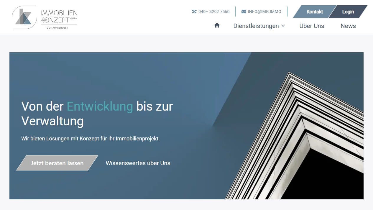 Startseite von IMK Immobilien mit architektonischem Gebäudemotiv und Beratungsaufruf
