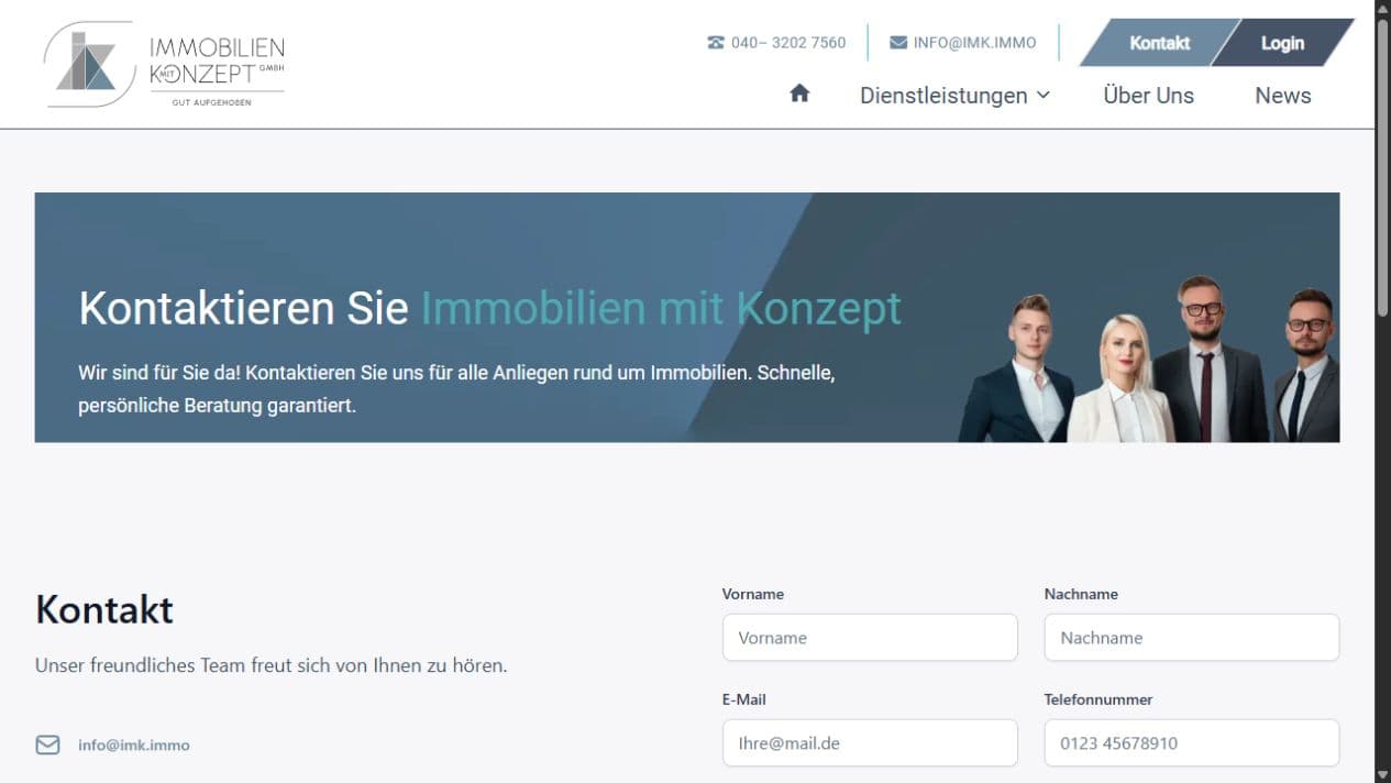Kontaktseite von IMK Immobilien mit Teamfoto, Kontaktdaten und Anfrageformular