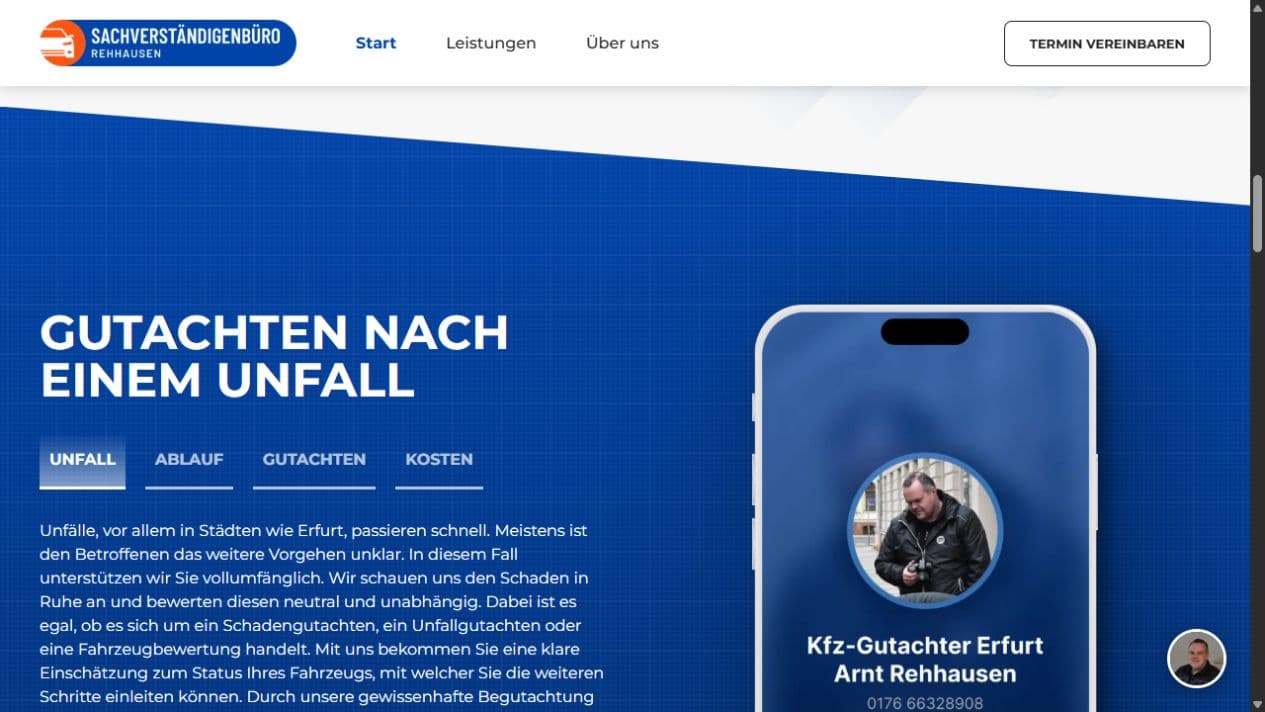 Website-Bereich mit Informationen zu Unfall, Ablauf, Gutachten und Kosten