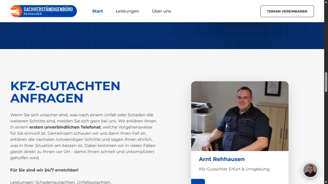Anfragebereich für ein Kfz-Gutachten mit direktem Vor-Ort-Service und 24-Stunden-Erreichbarkeit