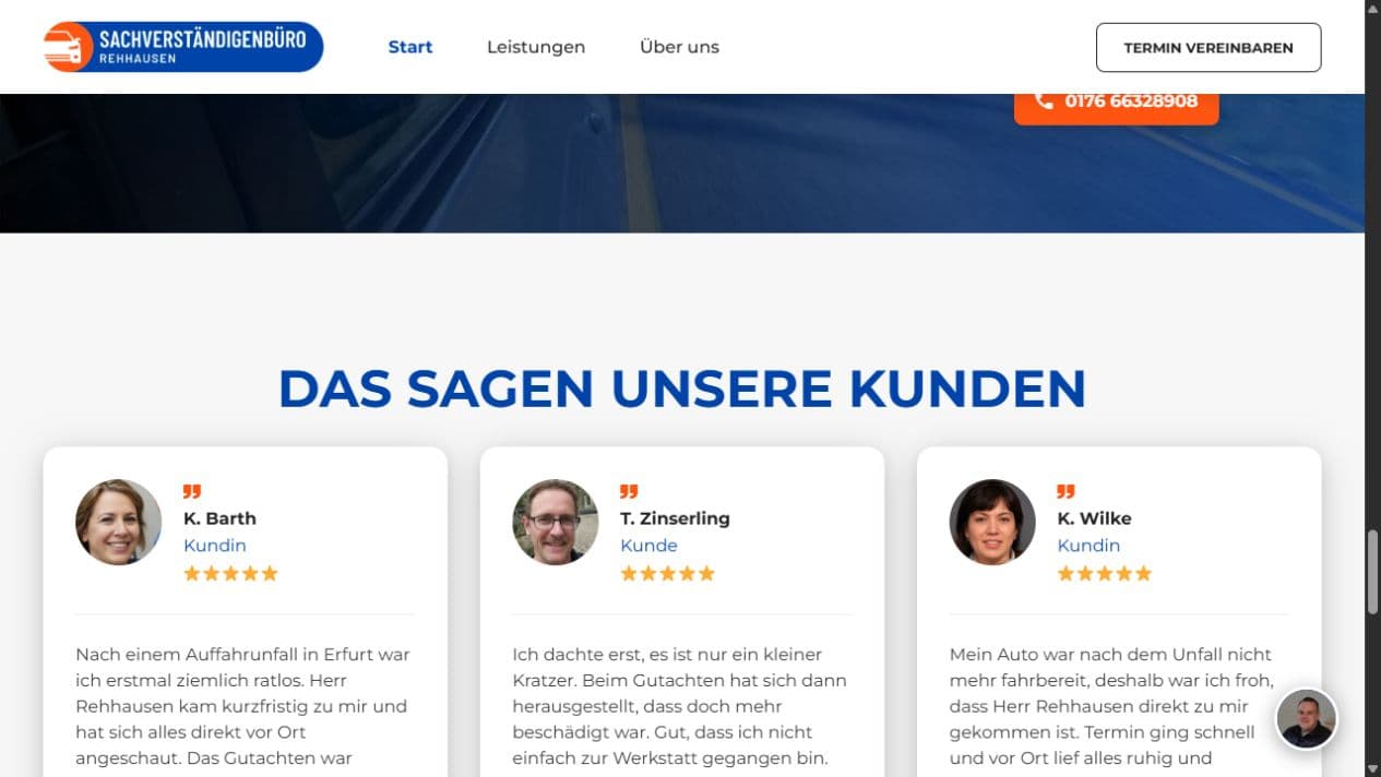 Kundenstimmen zum schnellen Vor-Ort-Service und zur Schadenabwicklung des Sachverständigenbüros Rehhausen