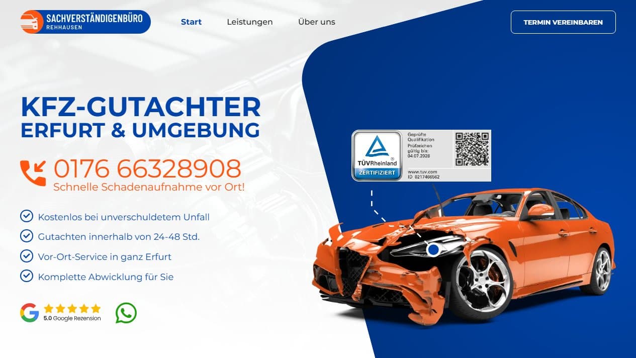 Startseite des Sachverständigenbüros Rehhausen mit Kfz-Gutachten, Telefonnummer und TÜV-Qualifikation