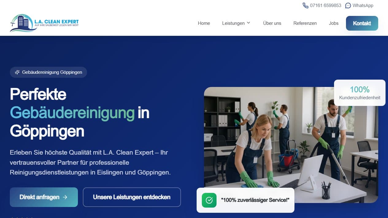 Hero-Bereich der L.A.-Clean-Expert-Website für Gebäudereinigung in Göppingen
