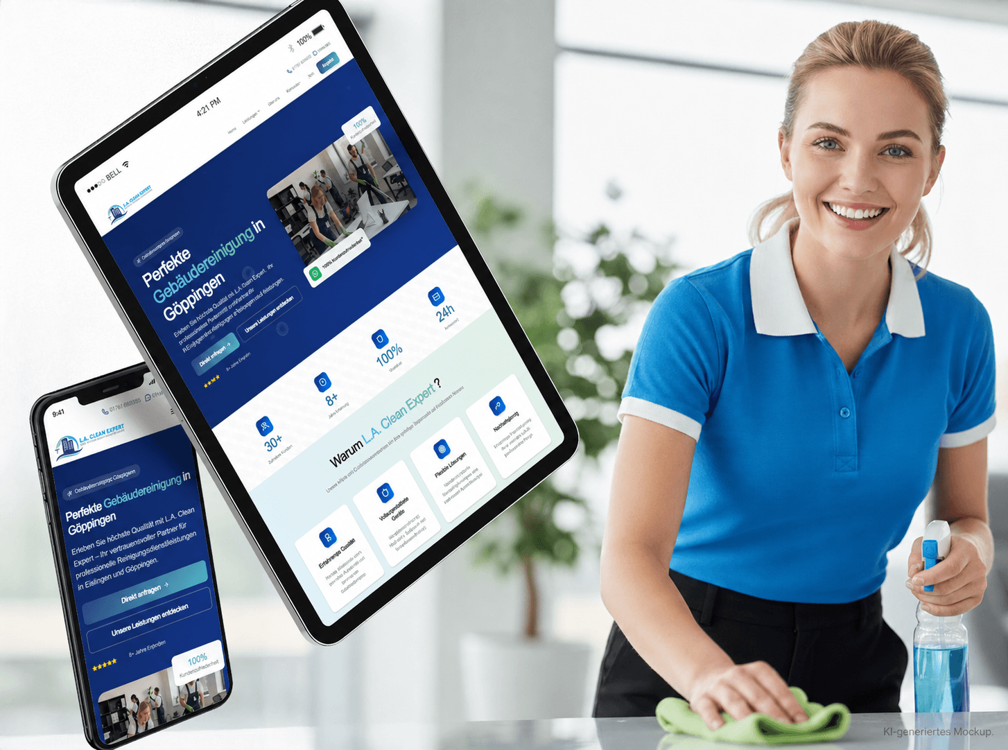 KI-generiertes Website-Mockup für L.A. Clean Expert mit Tablet, Smartphone und Reinigungskraft