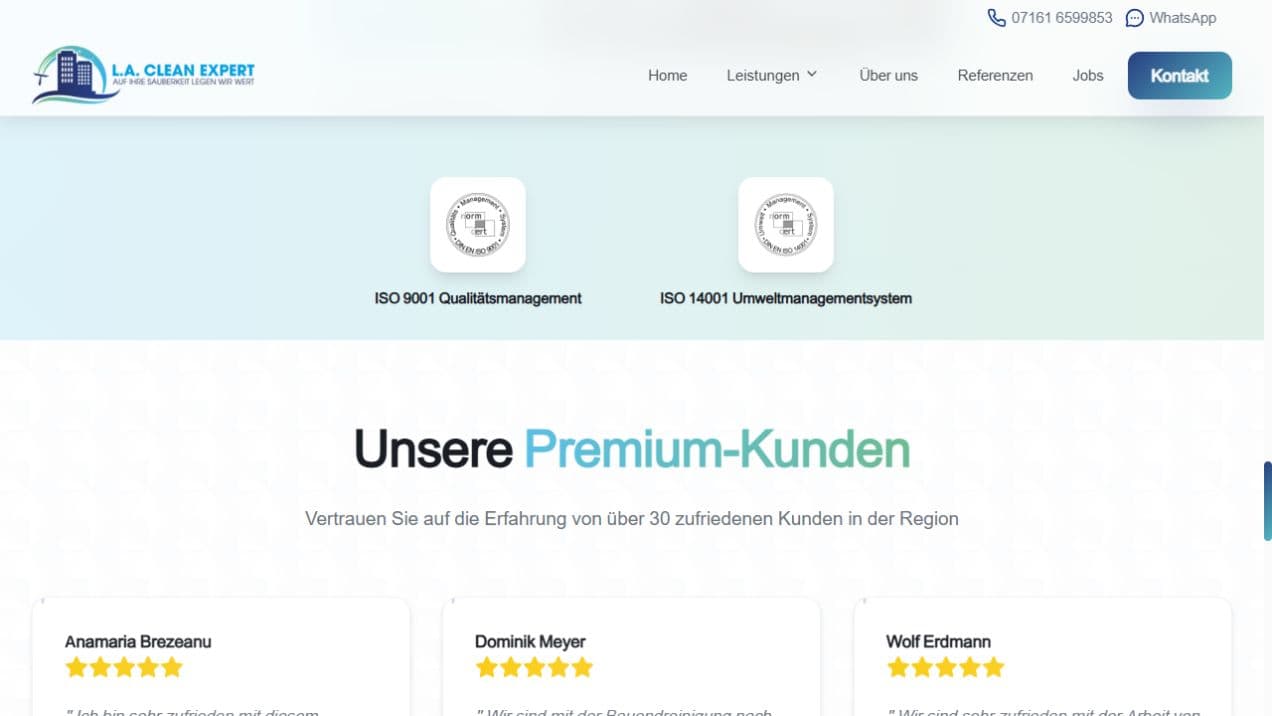 Website-Bereich mit Qualitätszertifikaten und Kundenstimmen von L.A. Clean Expert