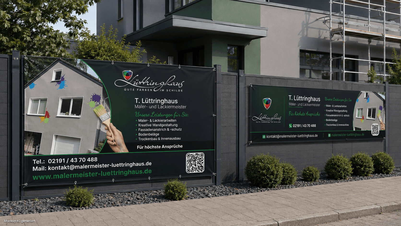 KI-generiertes Mockup zweier Lüttringhaus-Werbebanner an einem hochwertigen Sanierungsobjekt
