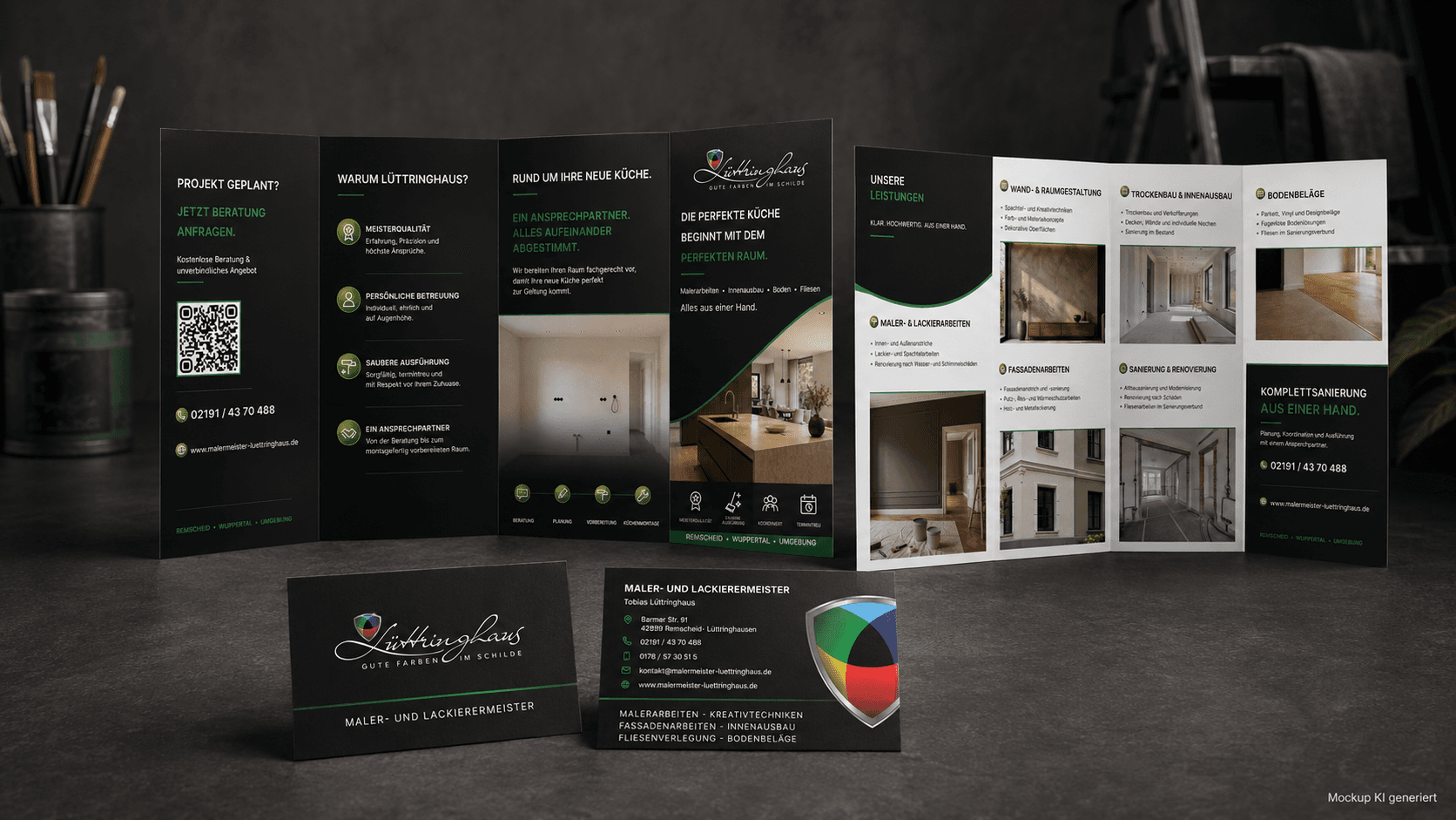 KI-generiertes Mockup der Lüttringhaus-Visitenkarten und zweier Falzflyer für Malerarbeiten und Küchenrenovierung
