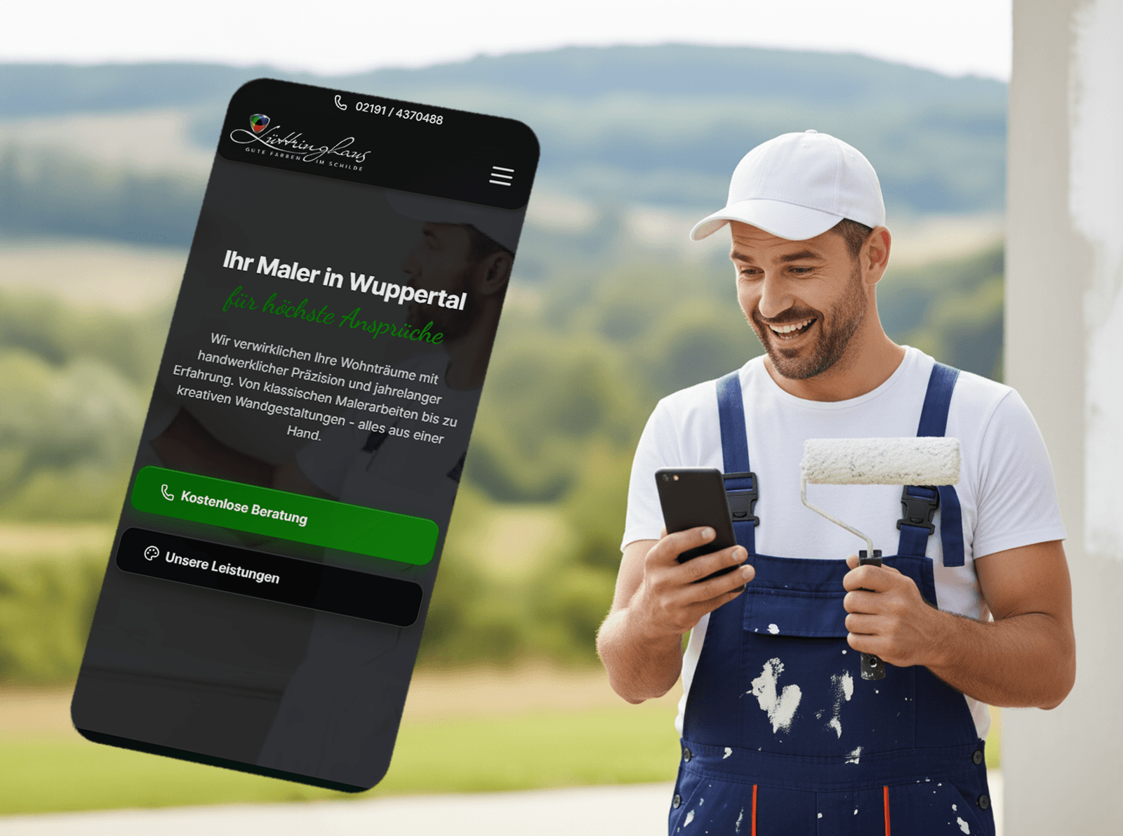 KI-generiertes Website-Mockup für Malermeister Lüttringhaus auf einem Smartphone vor einem Maler bei der Arbeit