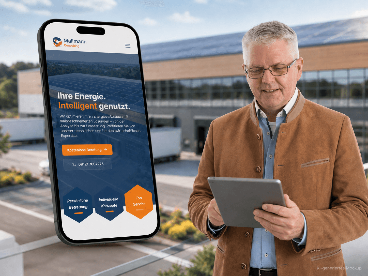 KI-generiertes Website-Mockup für Mallmann Consulting mit Smartphone, Frank Mallmann und Photovoltaikanlage