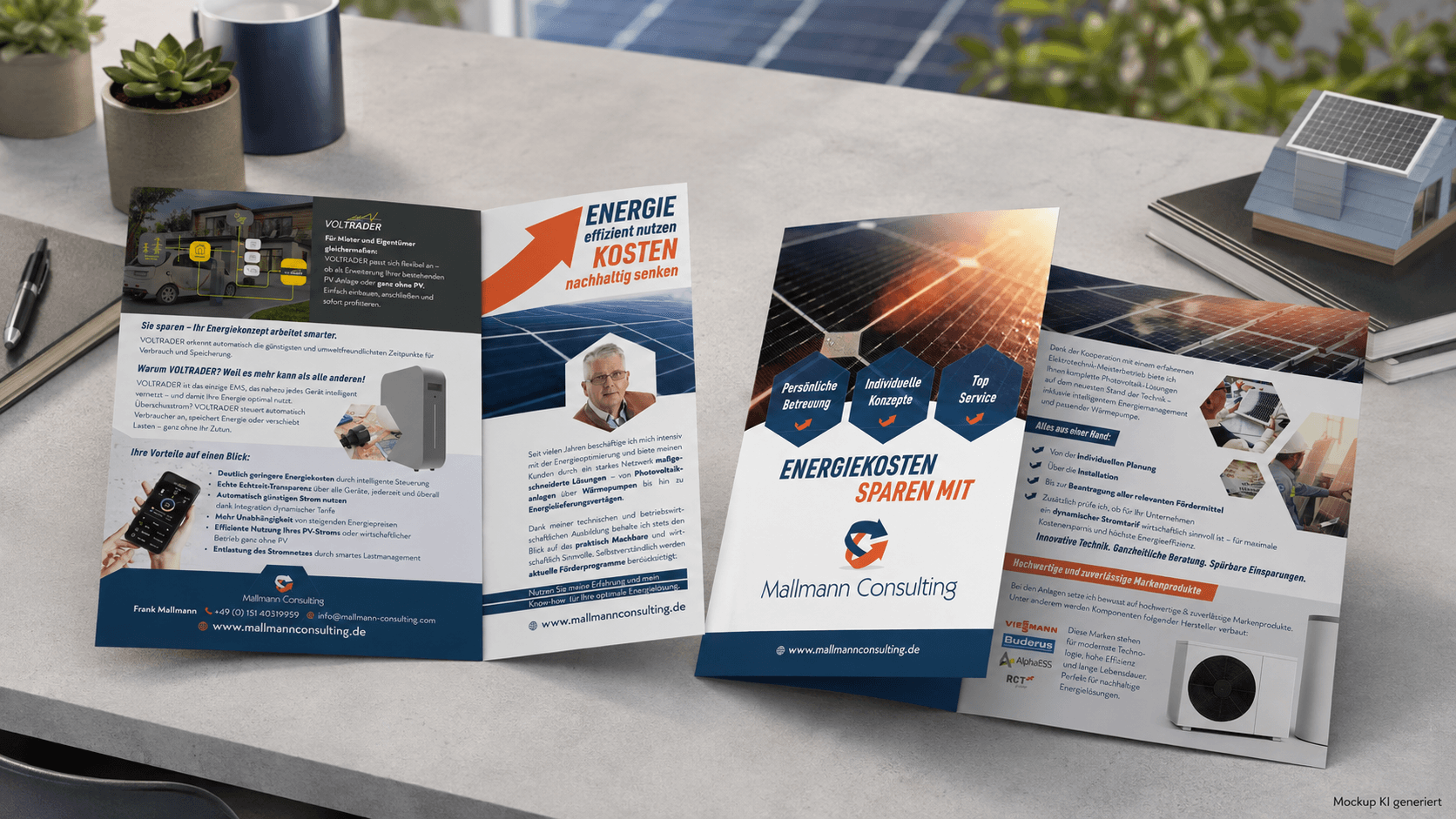 KI-generiertes Mockup des sechsseitigen Mallmann-Consulting-Falzflyers zu Energieberatung und VOLTRADER