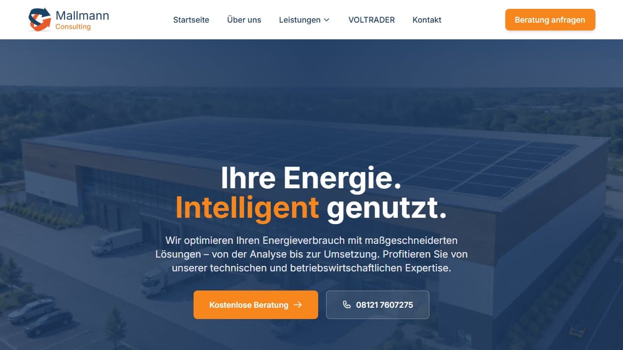 Hero-Bereich der Mallmann-Consulting-Website mit Photovoltaikanlage und Beratungsangebot