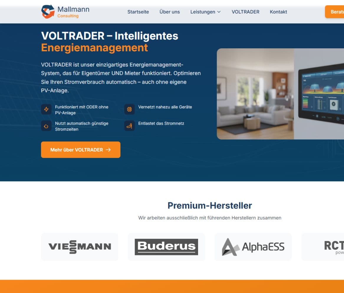 Website-Bereich zum intelligenten Energiemanagement-System VOLTRADER