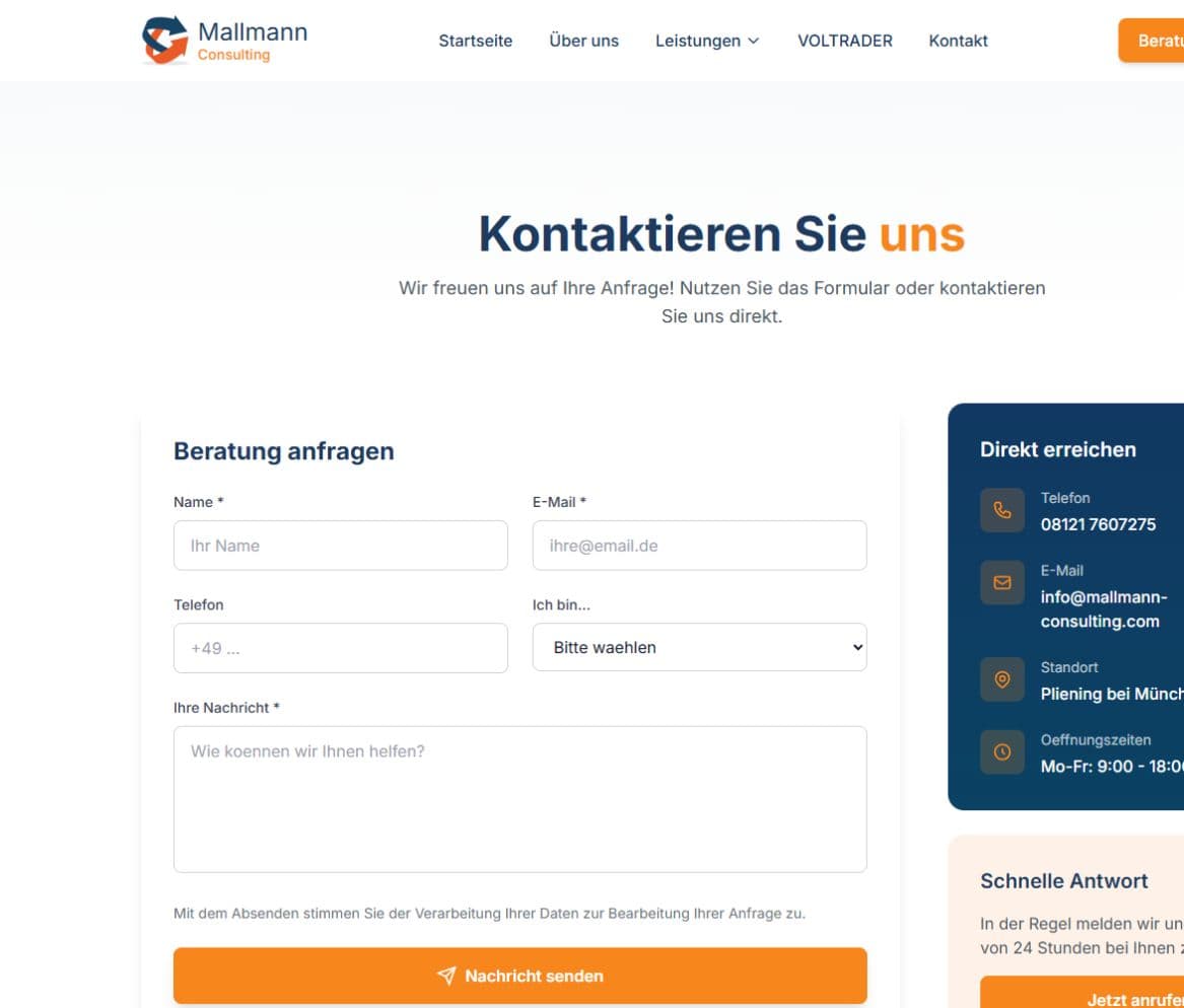 Kontaktformular und direkte Kontaktmöglichkeiten auf der Mallmann-Consulting-Website