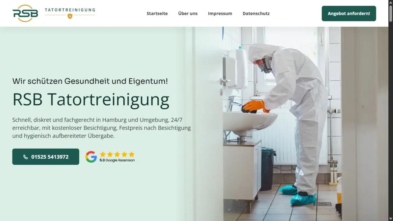 Echter Desktop-Screenshot der RSB-Website mit Leistungsversprechen und direktem Telefonkontakt