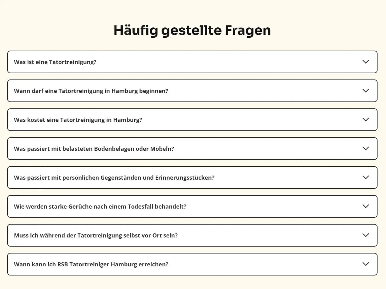 Echter Website-Ausschnitt mit häufigen Fragen zu Ablauf, Kosten und Erreichbarkeit