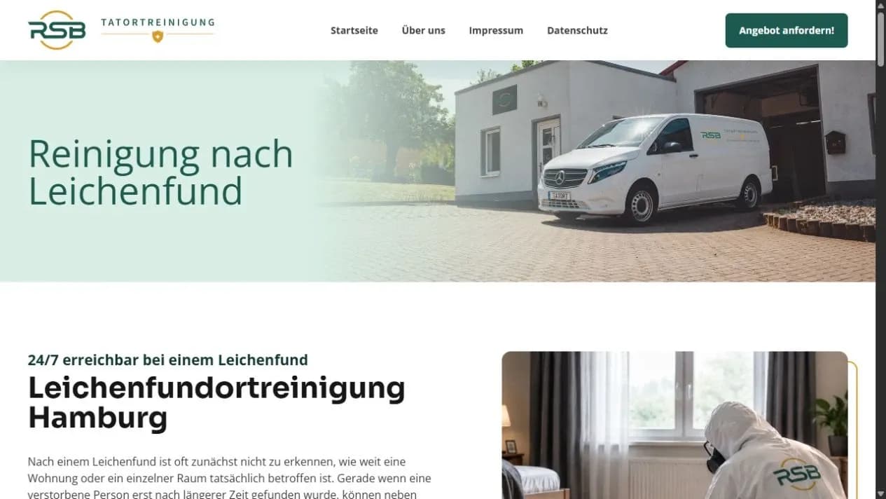 Echter Desktop-Screenshot der eigenständigen Leistungsseite Leichenfundortreinigung Hamburg