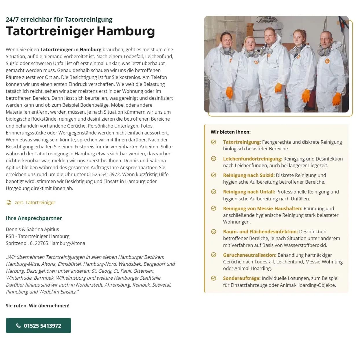 Echter Website-Ausschnitt mit Leistungsübersicht, Ansprechpartnern und Hamburger Einsatzgebiet