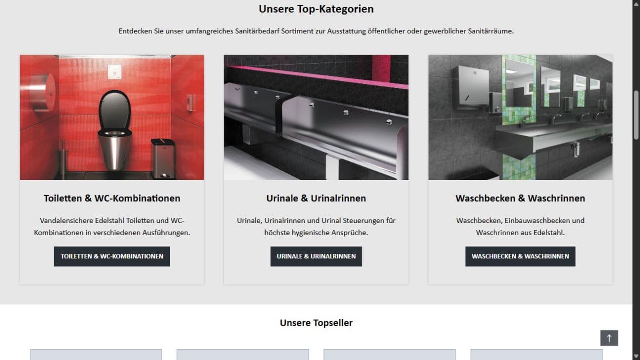 Top-Kategorien des Sanela-Shops für Edelstahltoiletten, Urinale und Waschrinnen